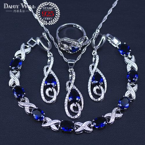 NEW 4PCS Blue Cubic Zirconia Silver Color Jewelry Sets For Women Bracelets Necklace Pendant Earrings Rings Free Gift Box