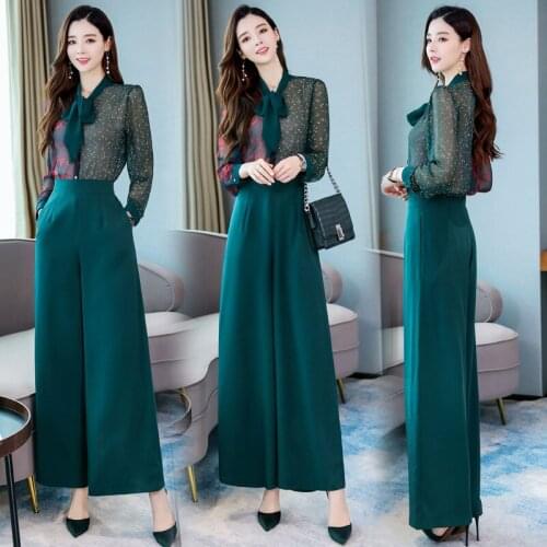 New Design Women Long Sleeve Chiffon Suits Elegant Female Wide Leg Pants Two Piece Sets