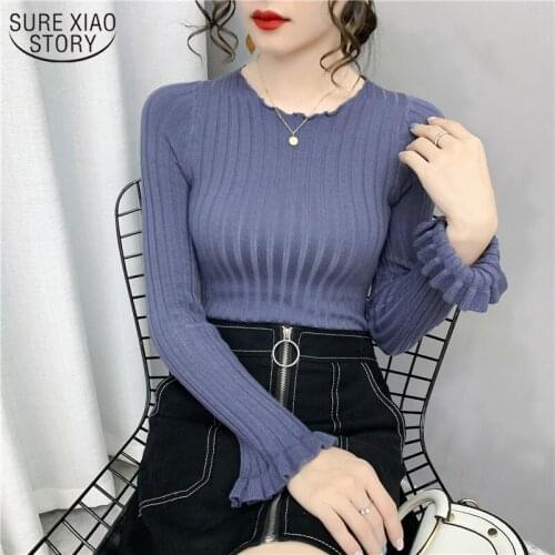 Solid Knitted Pullover Winter and Autumn Korean Long Sleeve Slim Womens Sweater Casual Sweater Women Bottoming Shirts 11498