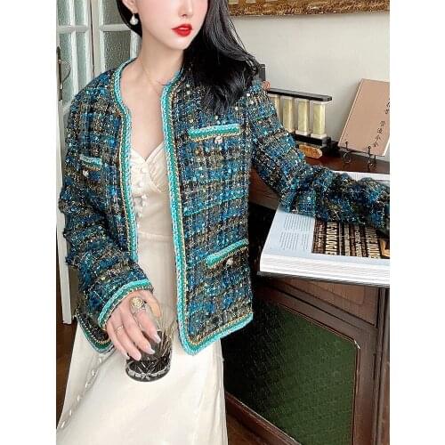 Rev Gaoding slay this autumn high grade Australian gold wool tweed Turquoise small fragrance coat