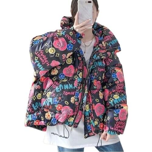 Ladies Clothes Winter Down Jacket Women Print Padded Coat Female Fashion Style Zipper Short Outerwear Hooded Parka Mujer 2021