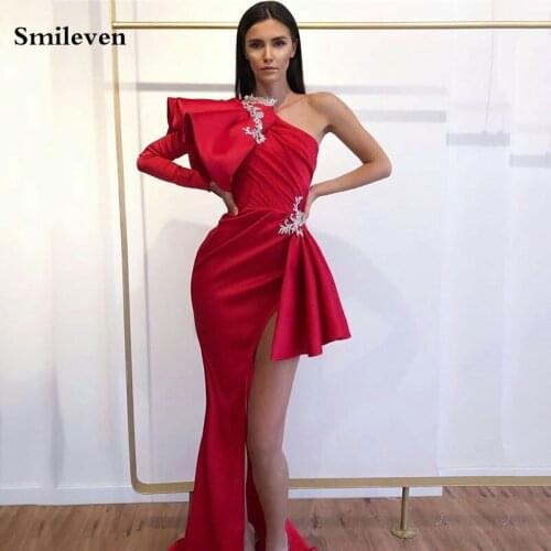 Smileven Sexy Red Mermaid Evening Dresses One Shoulder Full Sleeve Special Occasion Dresses Sexy Side Split Evening Party Gowns