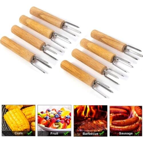 Wooden Handle Stainless Steel BBQ Meat Fruit Forks Barbecue Corn Holder Homeous Camping Barbecue Forks Multifunctional Tools