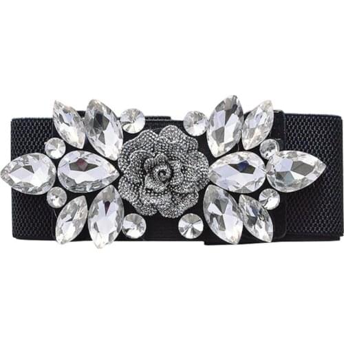 Hot Sales Wedding Party Women Fashion Floral Buckle Rhinestone Elastic Wide Clinch Belt