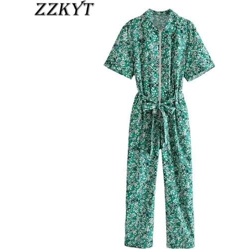 ZZKYT 2021 Women Summer Fashion Floral Print Bow Tie Sashes Playsuits Vintage Lapel Collar Short Sleeve Female Casual Jumpsuits