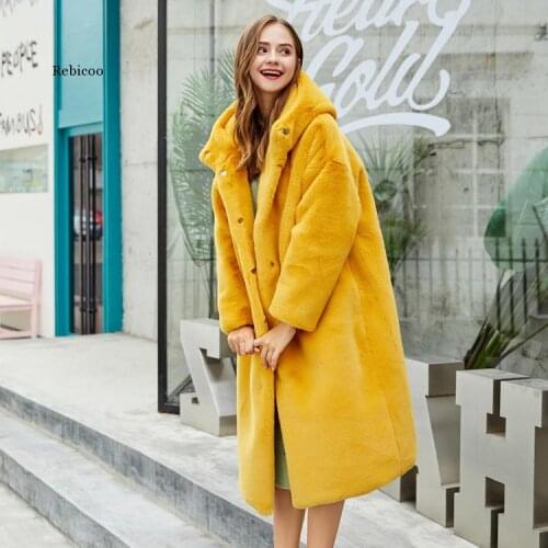 Winter Hooded Faux Fur Coat Women Thick Warm Yellow Pink Plush Fur Jacket Fashion Long Jacket Streetwear Long Sleeve Overcoat