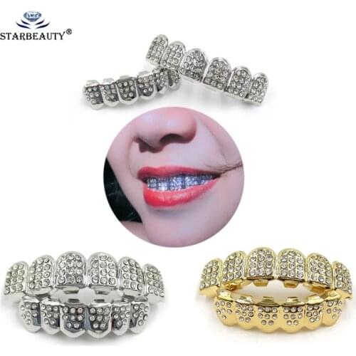 1Set Hip Hop Top&Bottom Teeth Grillz Hip Hop Gold Silver-Color Iced Out CZ Teeth Grillz Top Bottom Bling Men Women Jewelry