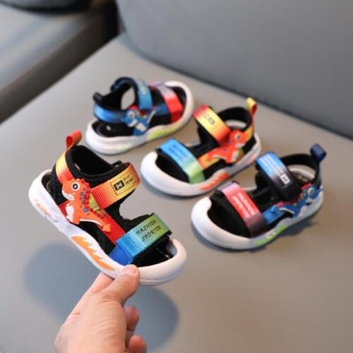 2021 Childhood Cartoon Dinosaur Kids Shoes for Boy Sandals Flat Heel Children Sandals Boys Orange Blue Children Footwear E04084