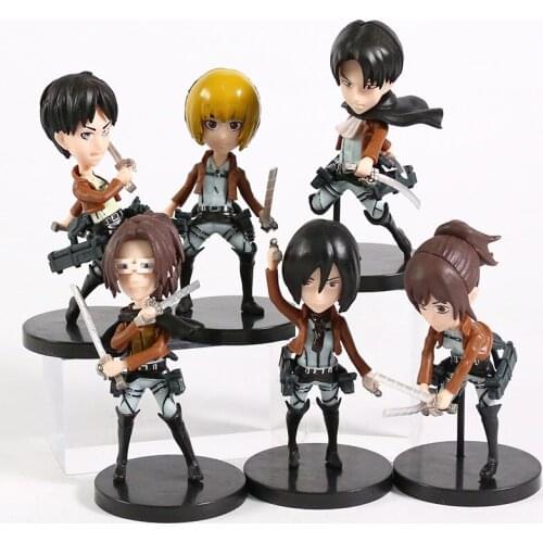 6pcs/set Attack on Titan Eren Jager Mikasa Levi Ackerman Armin Arlert Hanji Zoe Sasha Braus Q Version Battle Figures Toys