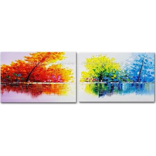 Arthyx Handmade Four Seasons Trees Landscape Oil Painting on Canvas Modern Abstract Wall Art Pictures For Living Room Home Decor