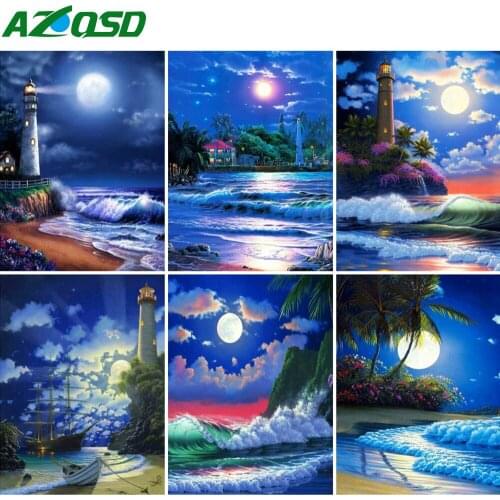 AZQSD Diamond Painting Moon Night Landscape Cross Stitch Kits Diamond Embroidery Seaside Rhinestones Picture Handicraft Gift