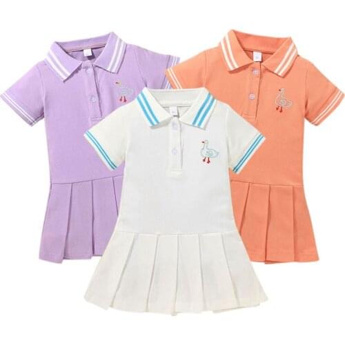 27Kids Girls Polo Collar Short Sleeve Dress Pleated Skirt Sports Style and Animal Embroidery Dresses