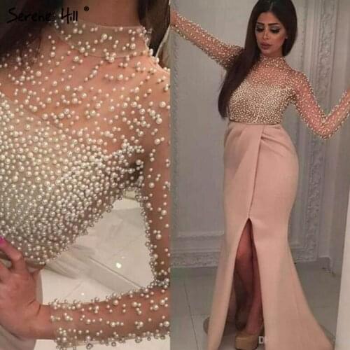 Dubai Design Luxury Long Sleeves Evening Dresses High Neck Full Pearls Sexy Illusion Evening Gown 2020 Serene Hill LA6690