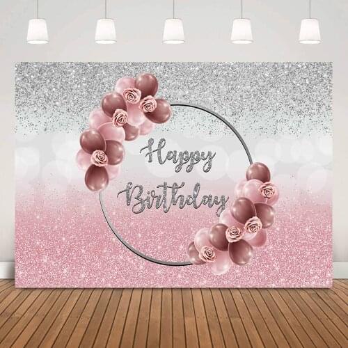 Rose Gold Glitter Happy Birthday Backdrop for Woman Pink Shiny Balloons Sliver Ring Sweet Girl Birthday Party Background Decor