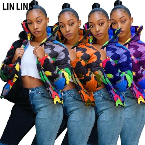 High Collar Men and Women Same Color Camouflage Cotton Jacket Zipper Pocket Decorative Down Coat