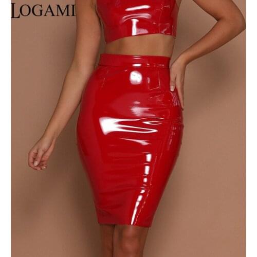 LOGAMI High Waist Pu Leather Skirt Sexy Bodycon Midi Skirts Womens Pencil Skirt Black Red Saias