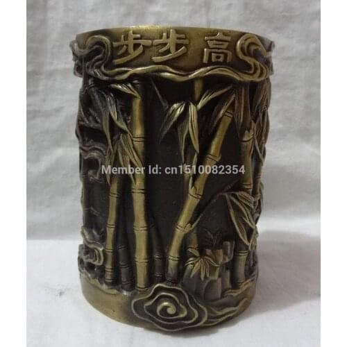 Chinese Bronze Collect Bamboo Statue Pen Container Pencil Vase Pot Brush Barrel