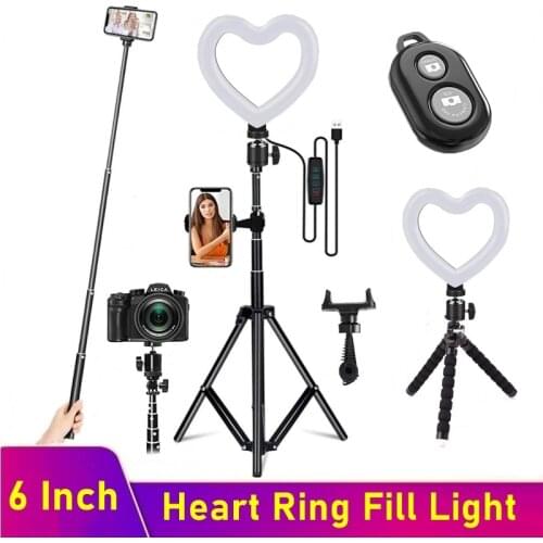6 Inch LED Selfie Ring Light Heart Dimmable Photo Ringlight Lamp Photo Photography With Tripod For Phone Makeup Video Live Volg