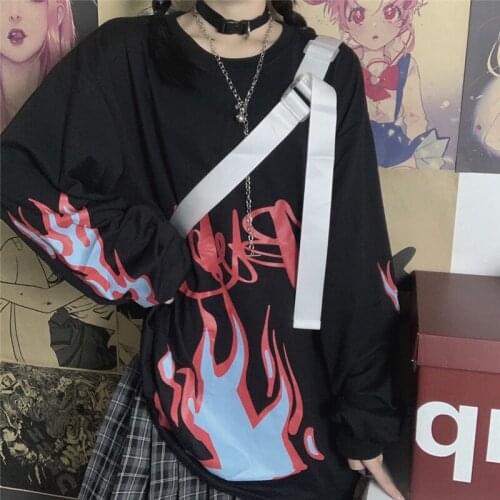 Koreanhigh Street Fire Graphic 90s Long Sleeve T-Shirtwomen Sweater Urban Kpop Top Gothic Clothes Blouse Oversized Friend Tee