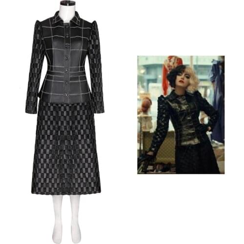 Takerlama Fashion Demon Cosplay For Adult Leather Coat Skirt Black Slim Plaid Jacket Woman Elegant Dress Suits Movie Costumes