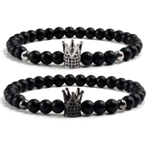 Men Black Matte Natural Stone Bracelet Charm Men Gold Sliver Color Pave CZ Imperial Crown Beads Bracelet&Bangles Women Jewelry