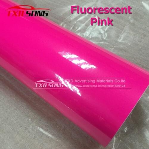 New Arrival Glossy Fluorescent Pink Car Vinyl Film With air free bubble Fluorescent Vinyl Sticker With 3 Layers By free shipping