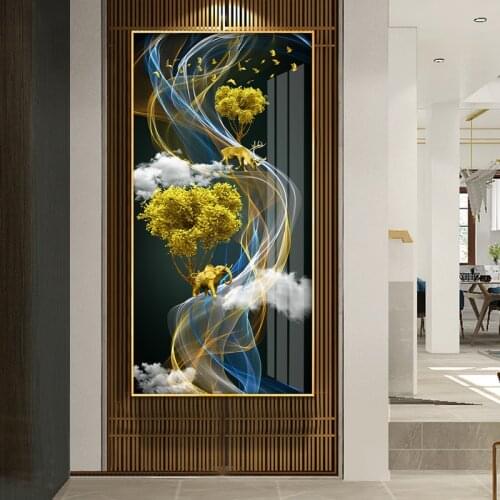 New Chinese Modern Abstract Lines Golden Forest Birds Elk Elephant Entrance Decoration Painting HD Canvas Print Painting Core