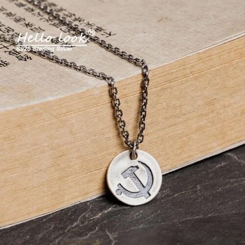 HelloLook 925 Sterling Silver Communist Party Badge Pendant Necklace Retro Chain Necklace