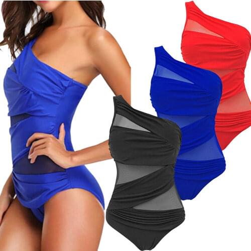 Sexy Womens Swimsuit One Shoulder Mesh Monokini Bikini Push-up Swimsuit Bathing Suit Swimwear Swimming Beach Bikini Plus Size