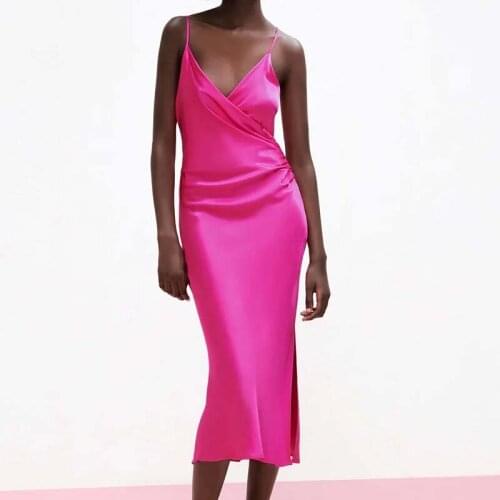 Za Dress Women Summer 2021 Satin Slip Strap Long Dresses Woman Sexy Backless Camisole Dress Ruched Elegant Dresses Vestidos