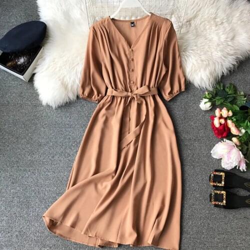 2020 Women Summer Dress V-neck Streetwear A-line Empire Beach Mid-Calf Long Chiffon Dresses with Sashes Frocks for Women