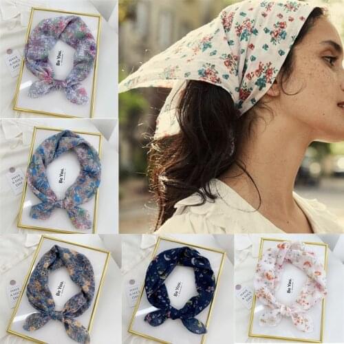 Ruoshui 58*58CM Square Printed Floral Hair Scarf Vintange Women Kerchief Ladies Bandana Korean Style Turban Headwrap