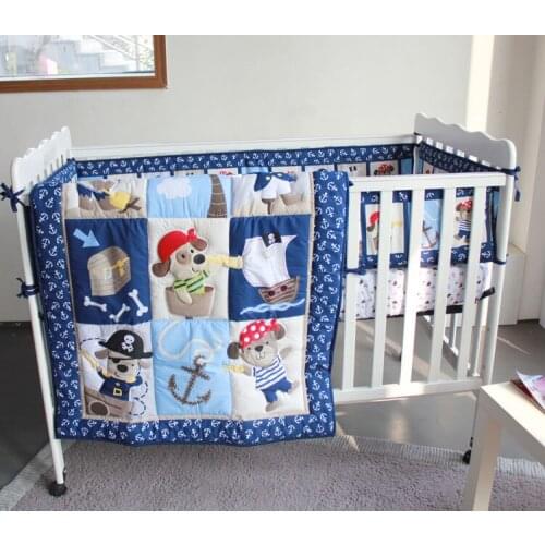 Discount! 7pcs Embroidered set baby crib bedding set cartoon animal baby crib set ,include(bumpers+duvet+bed cover+bed skirt)