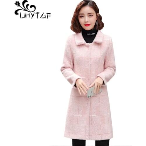 UHYTGF Quality Gold Mink Fleece Autumn Winter Woolen Coat 2020 Mid-length Elegant Womens Tops Korean Slim Plus Size Jacket 1304