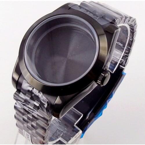 High Quaiity Black Coated Watch Case Fit NH35 NH36 Without Magnifier Jubilee Watch Bracelet
