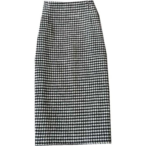 Plus size 3XL!black white plaid woolen skirt women high waist winter split step pencil skirt office lady