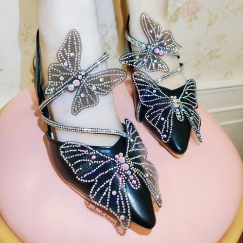 Womens Pointy Toe Rhinestones Crystal 3D Butterfly DIY Block Heel Slingbacks Sandals Ankle Buckle Shoes New 2021