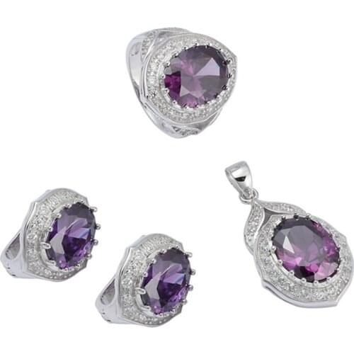 Eulonvan Charm 925 sterling silver women Engagement Wedding jewelry sets (ring/earring/pendant) Purple Cubic Zirconia S-3752set