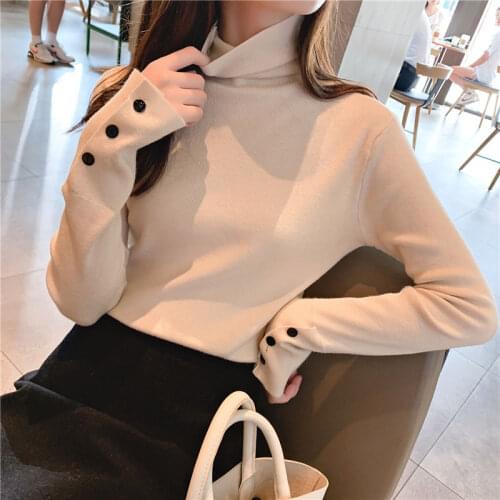 Womens Turtleneck Sweater Pullovers Warm Thin Stretch Sweater Winter Buttons Long Sleeve Knitwear Autumn Female Sweaters Jumper