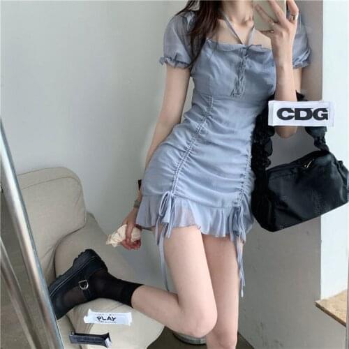 Ladies Spring and Summer Dress 2021 Word Neck Drawstring Retro Ruffled Fishtail Skirt Bag Hip Skirt Korean Version