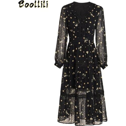 Vintage Elegant Chiffon Midi Dress Women Clothes Spring Long Sleeve Party Dress 2020 Ladies Dresses Black Dress Vestidos