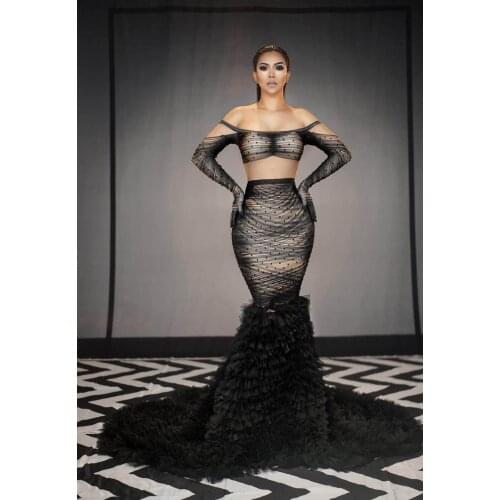 Lady Evening Prom Celebrity Party Birthday Dress Black Rhinestone Gloves Elegant Long Tail Dress Women Show Stage Costume