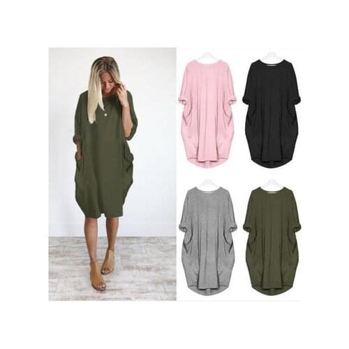 2018 New Plus Size Boho Womens Dress Ladies Casual Pocket Loose Dress Crew Neck Mini Tops Dress female vestidos verano