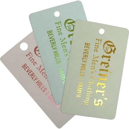 White color cardboard debossed logo paper label hang tags with strings