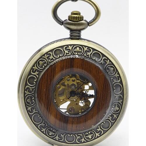 New Vintage Wood Grain Hollow Self winding F Mechanical Pocket Watch Steampunk Skeleton Back With Chain Men Women