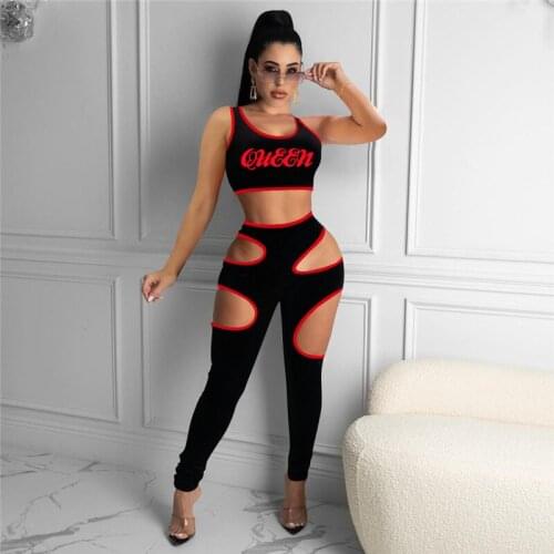 Women Patchwork Two Piece Set Letter Print Sleeveless Vest Crop Tank Top Hollow Out Pencil Pants Female Tracksuit