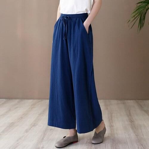 Johnature Loose Comfortable Elastic Waist Wide Leg Pants 2021 Summer New Cotton Linen All-match Women Lace Up Pants