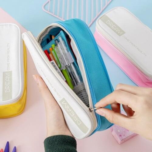 Kawaii Canvas Double Layer New Pencil Case Cosmetic Brush Pen Box Pouch School Supplies Student Stationery Storage Bag