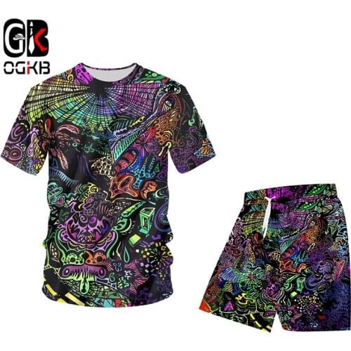 OGKB Oversize Men Sets Casual Summer 2 Pieces Suits Graffiti 3D Print Harajuku T Shirts And Shorts Pants Tracksuit Dropshipping