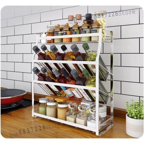 Kitchen shelf floor-to-ceiling multi-layer stainless steel perforation-free storage rack three-layer oblique seasoning shelf